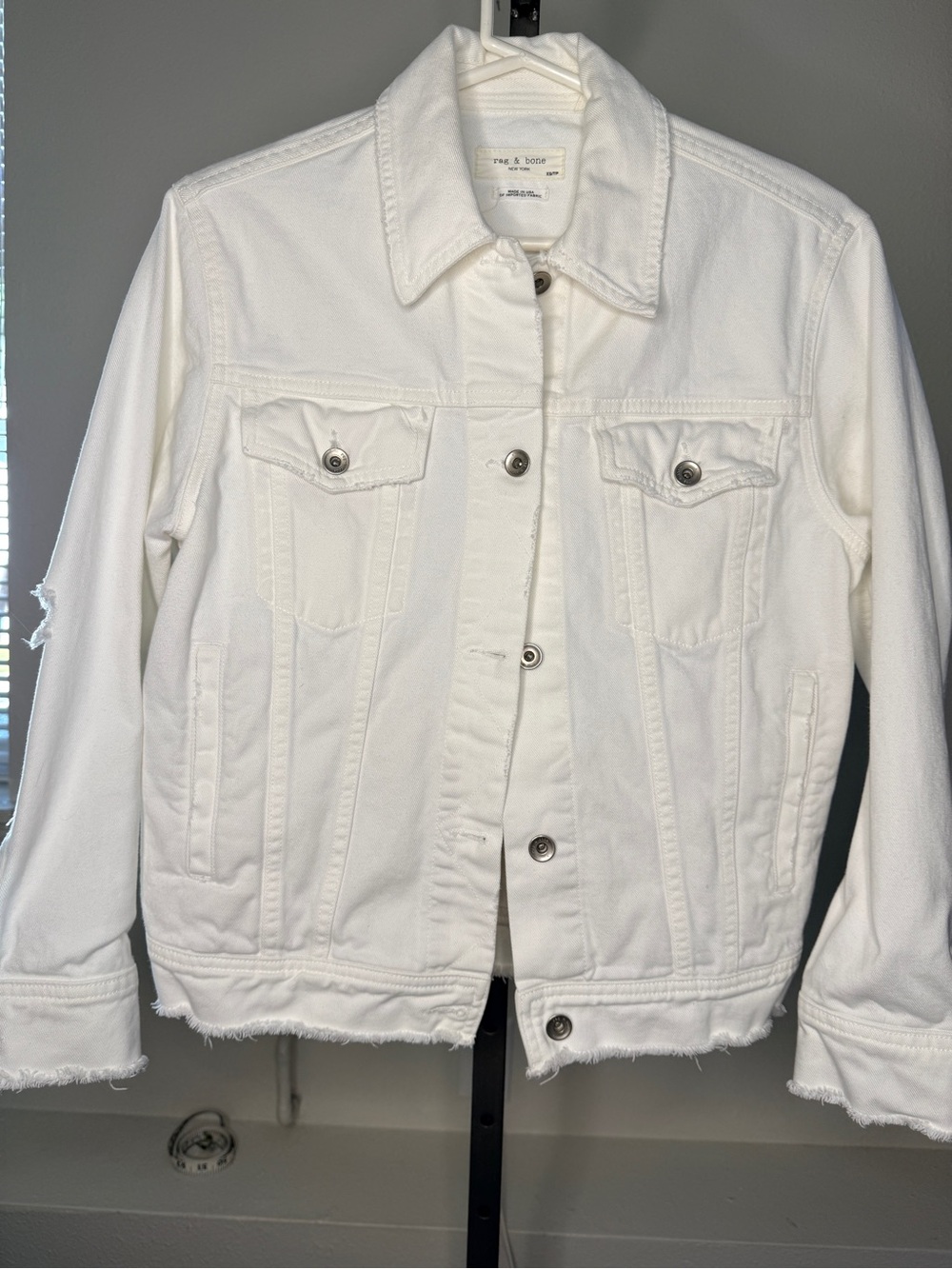 rag & bone White Frayed Hem Denim Jacket